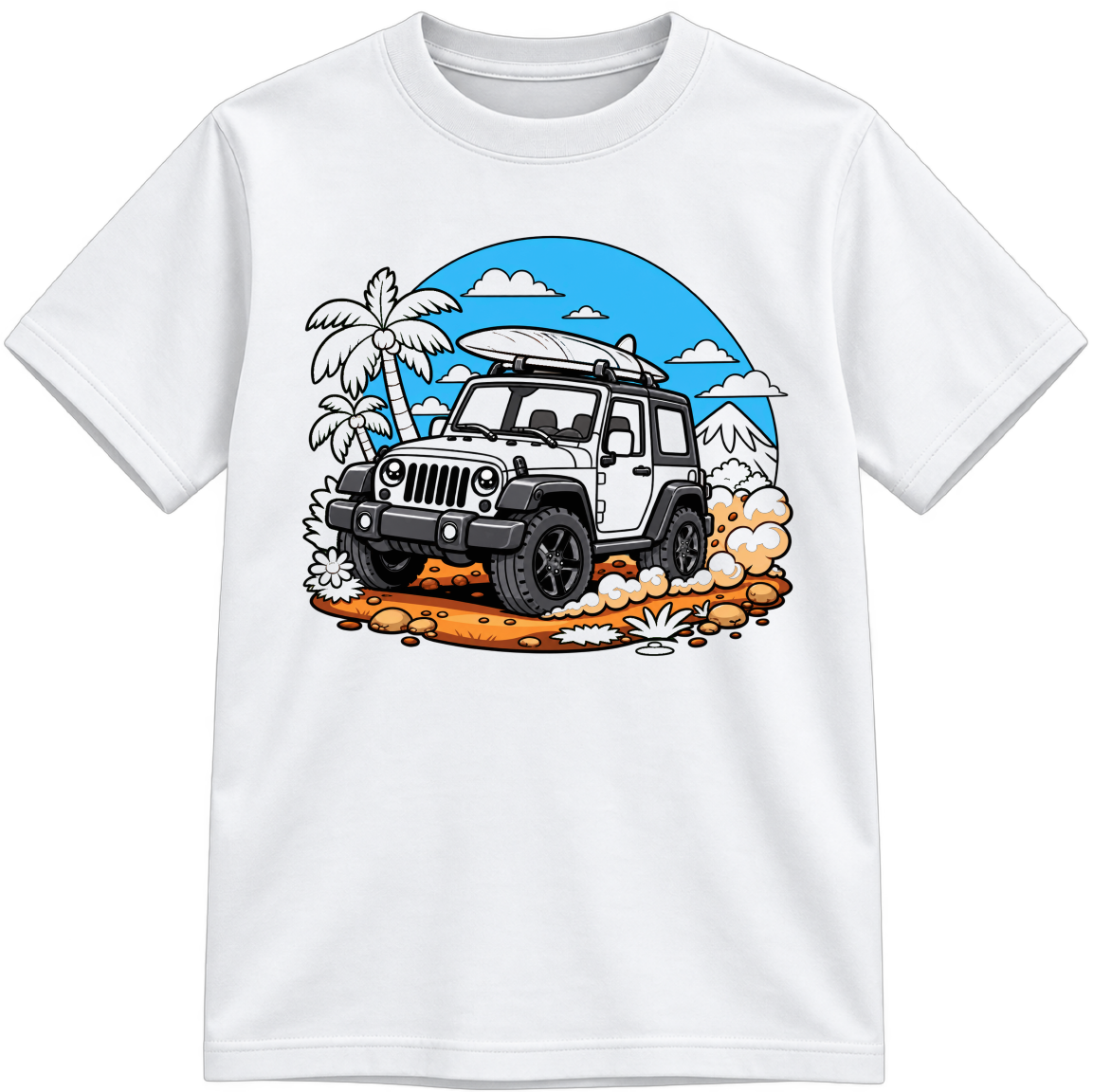 Off-Road Adventure Little Makers white T-shirt with partially colored sections, shown upright
