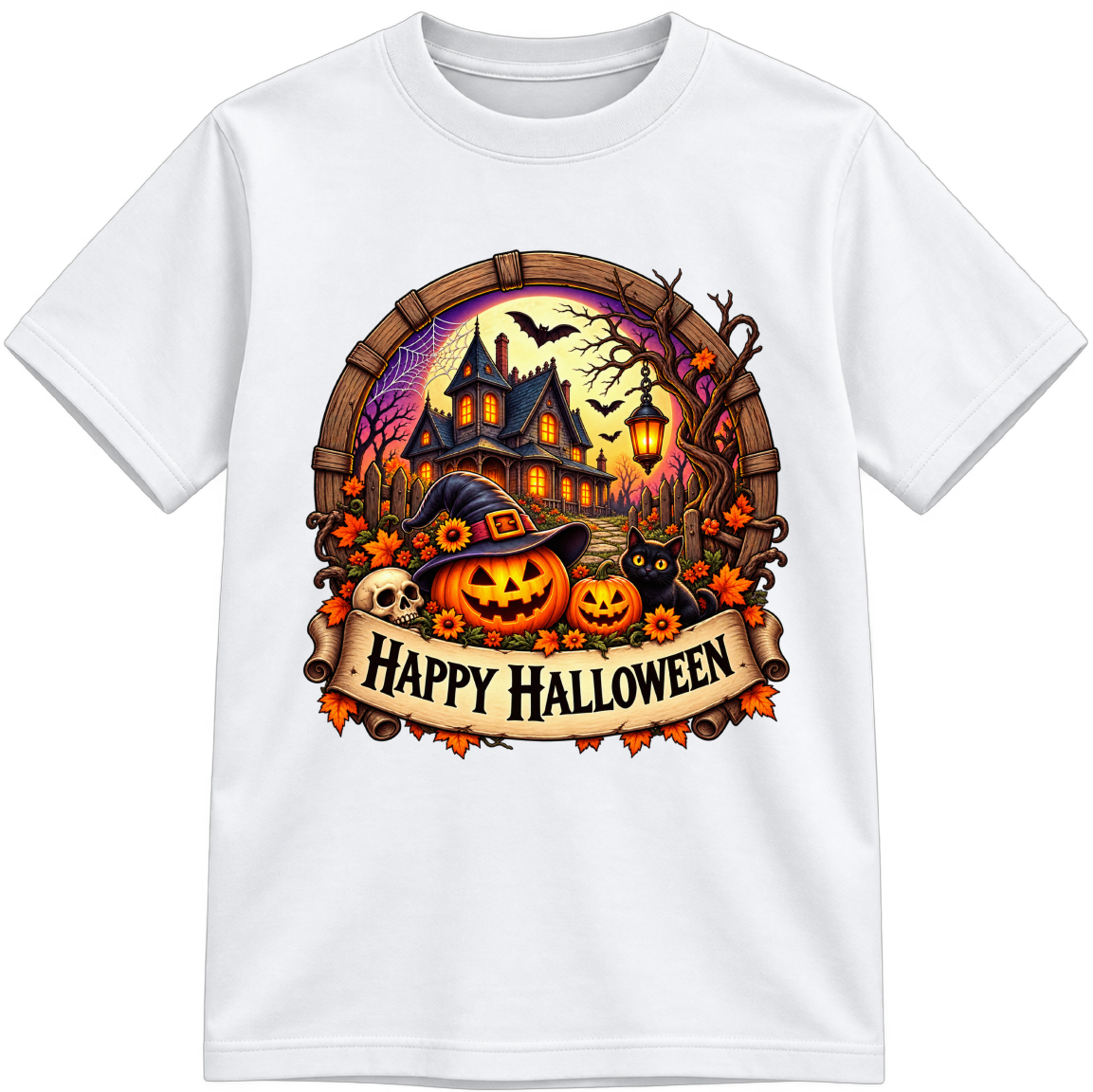 Happy Halloween Fully Colored white T-shirt, finished and shown upright
