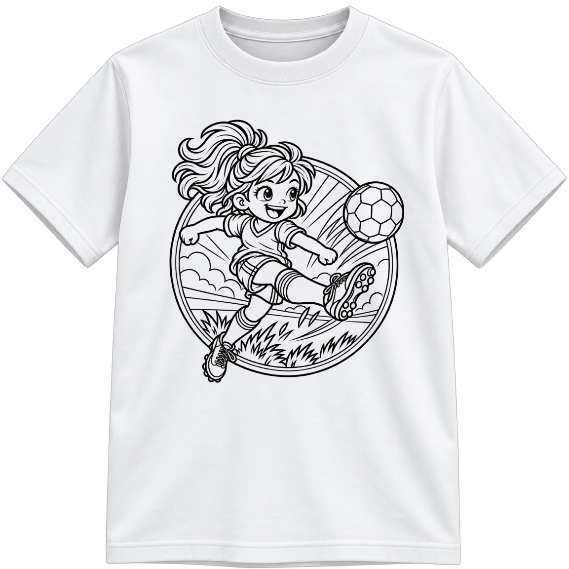 Girls Soccer Classic Color-Your-Own white T-shirt with black linework, shown upright