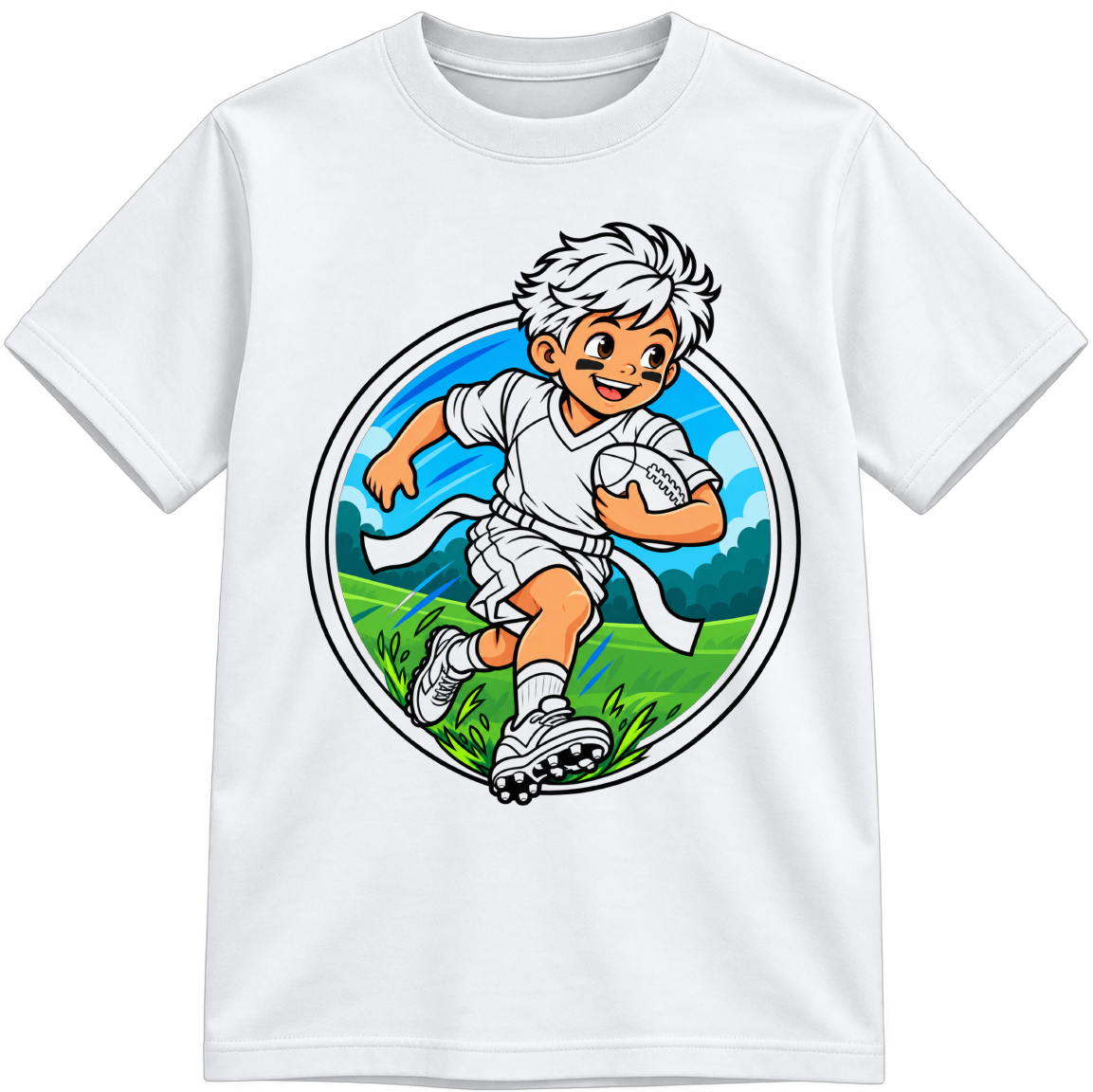 Boys Flag Football Little Makers white T-shirt with partially colored sections, shown upright