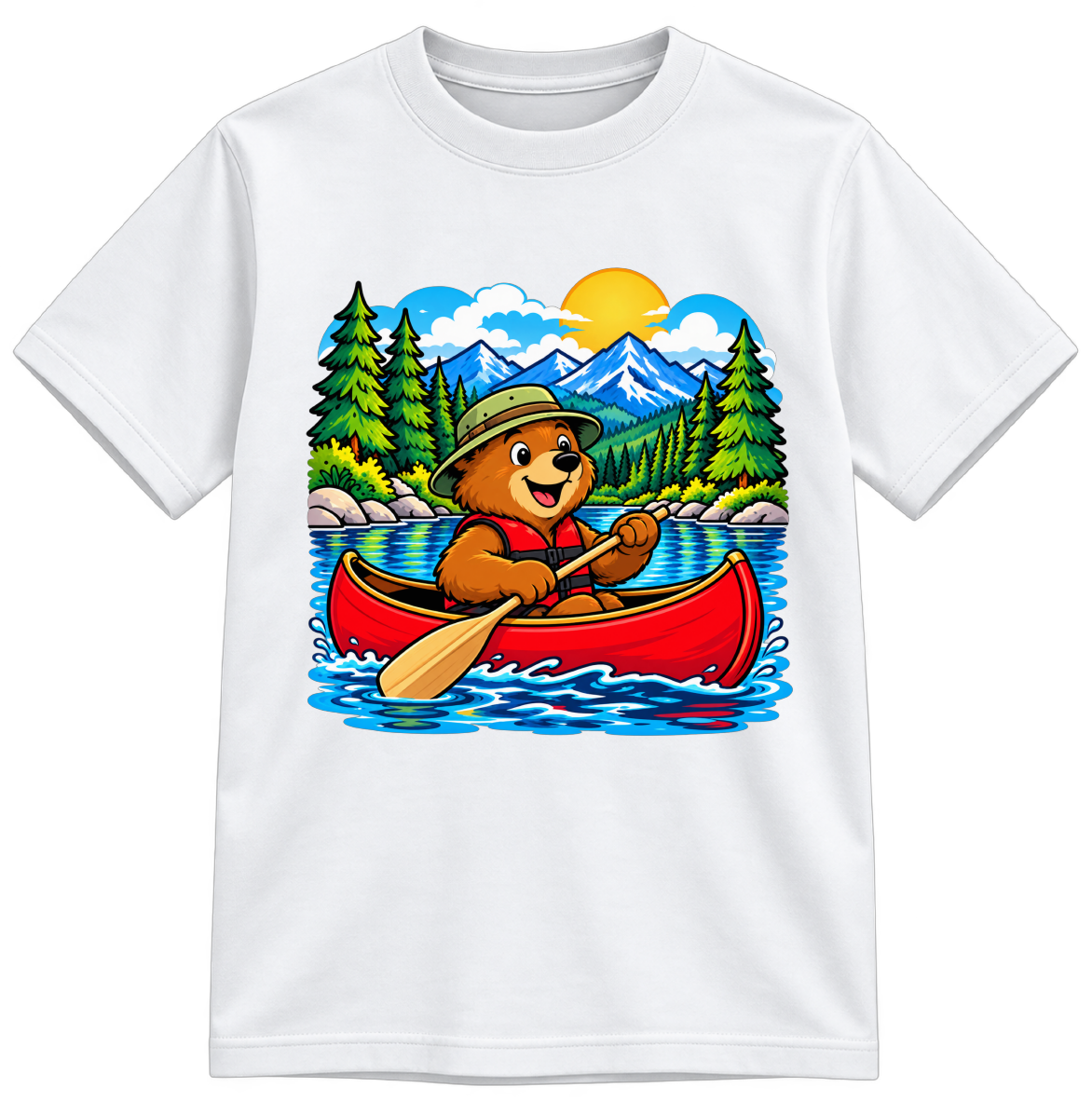 Canoe Bear Adventure Fully Colored white T-shirt, finished and shown upright