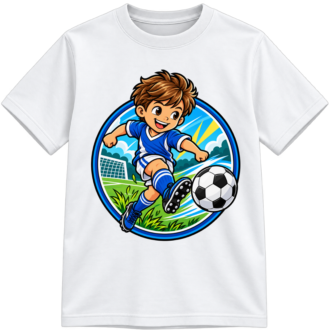 Boys Soccer Fully Colored white T-shirt, finished and shown upright