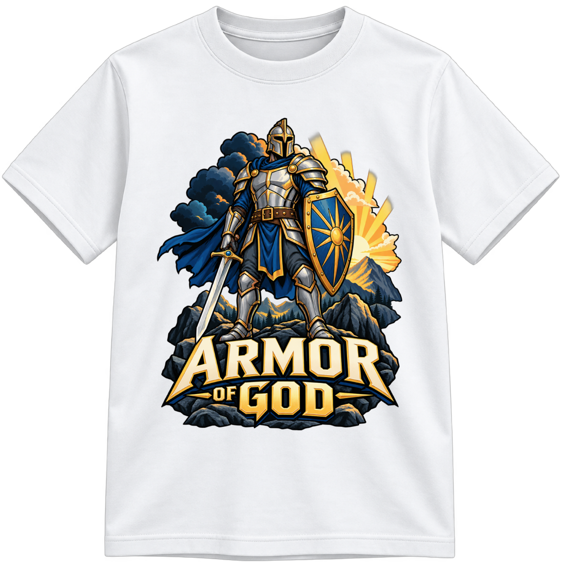Armor of God Fully Colored white T-shirt, finished and shown upright