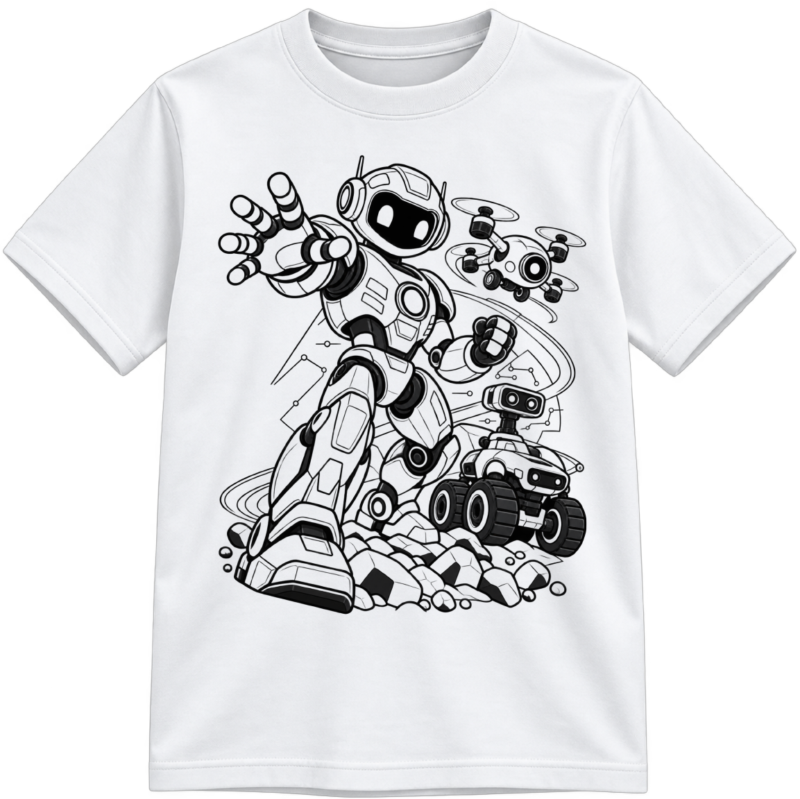 Machines of Tomorrow Classic Color-Your-Own white T-shirt with black linework, shown upright