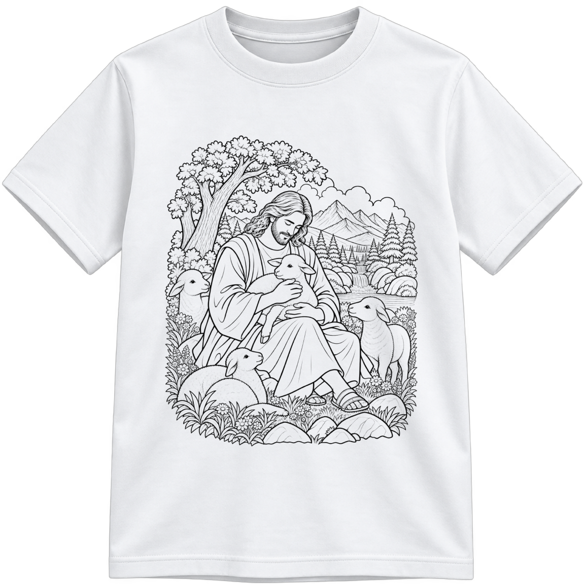 The Good Shepherd Classic Color-Your-Own white T-shirt with black linework, shown upright