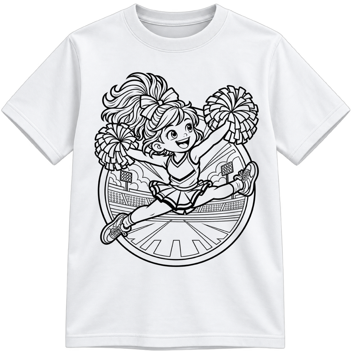 Girls Cheerleading Classic Color-Your-Own white T-shirt with black linework, shown upright