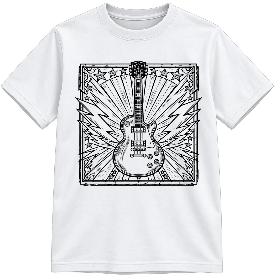 Electric Guitar Classic Color-Your-Own white T-shirt with black linework, shown upright