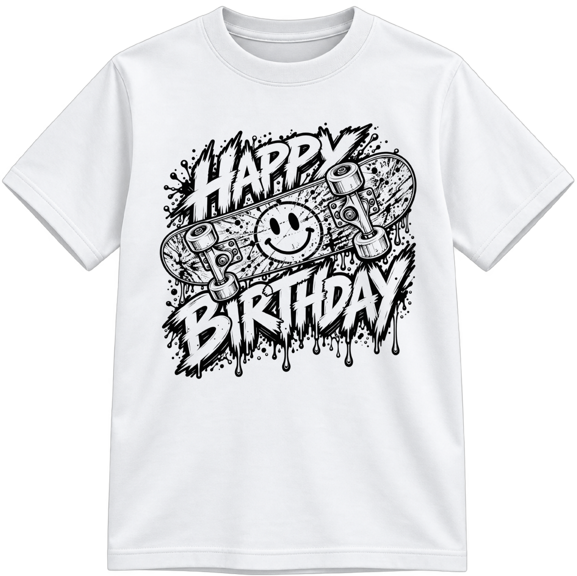 Birthday Skate Classic Color-Your-Own white T-shirt with black linework, shown upright