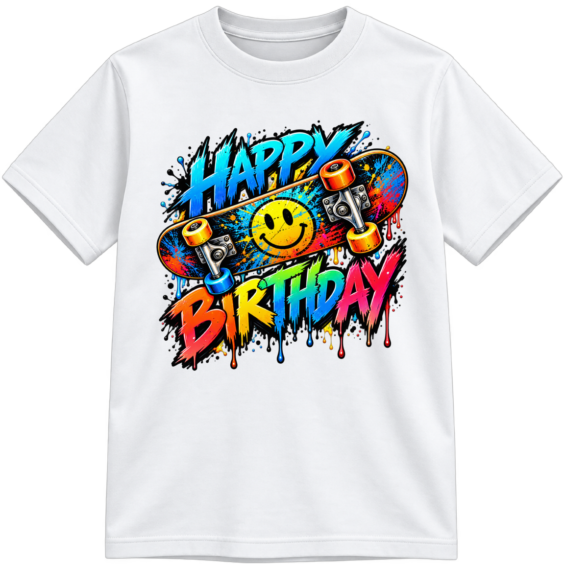 Birthday Skate Fully Colored white T-shirt, finished and shown upright