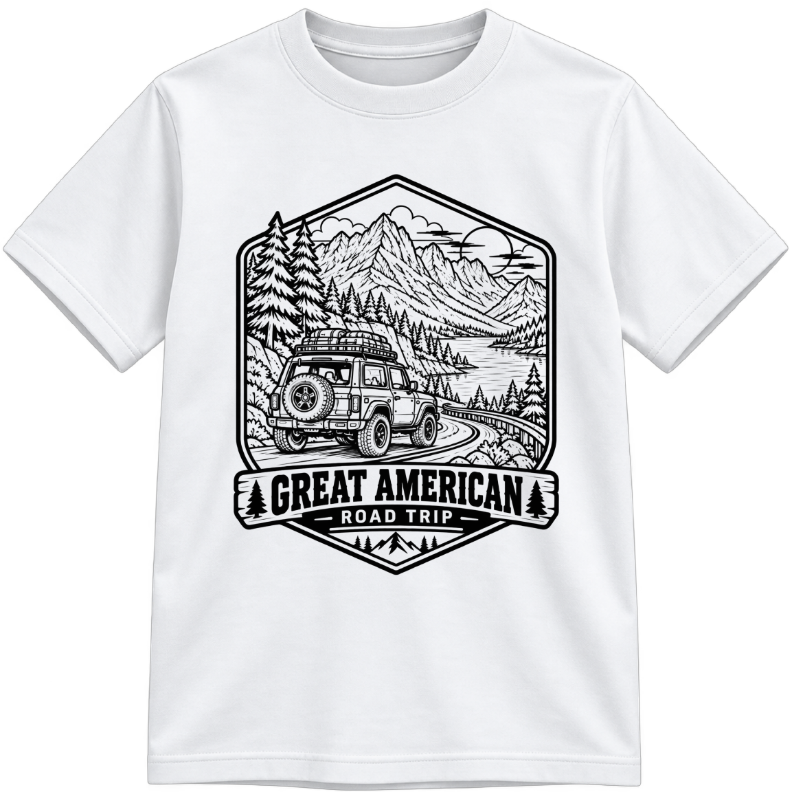 Great American Road Trip Classic Color-Your-Own white T-shirt with black linework, shown upright