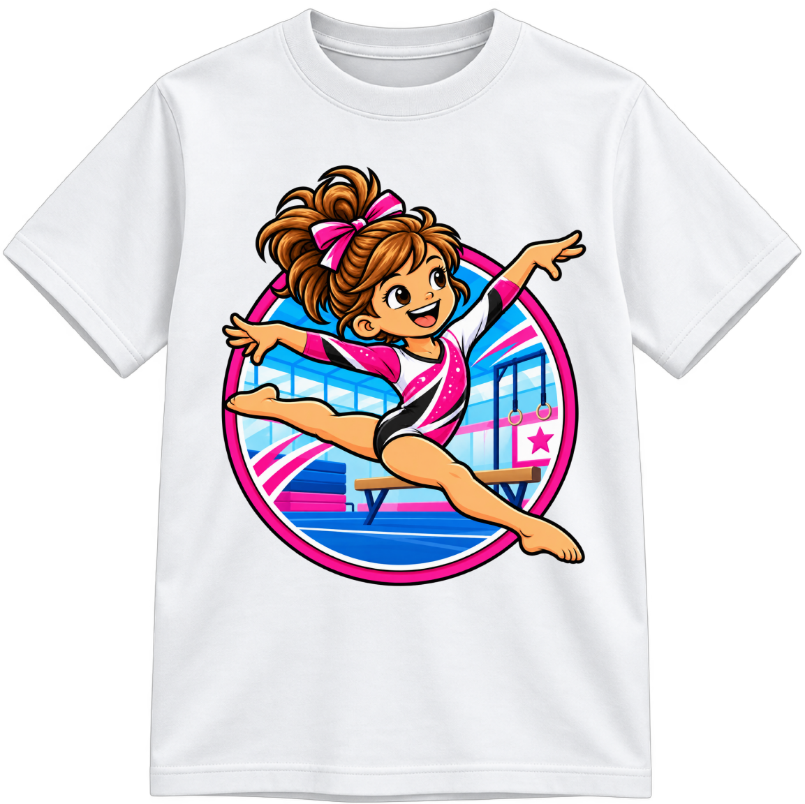 Girls Gymnastics Fully Colored white T-shirt, finished and shown upright