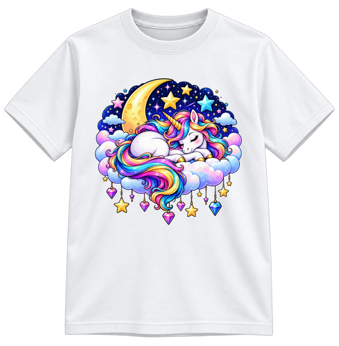 Dreamy Moonlight Unicorn Fully Colored white T-shirt, finished and shown upright