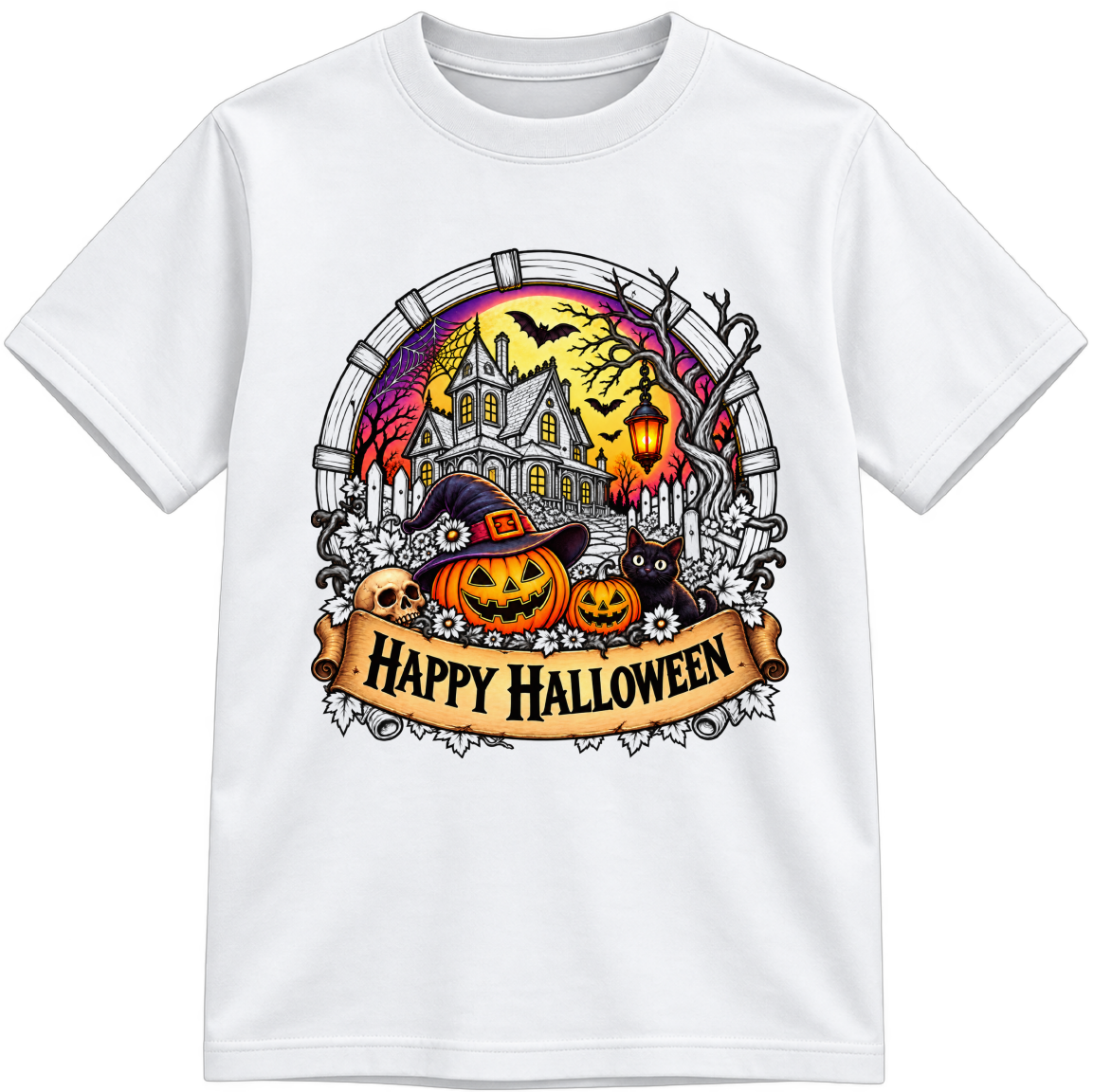 Happy Halloween Little Makers white T-shirt with partially colored sections, shown upright