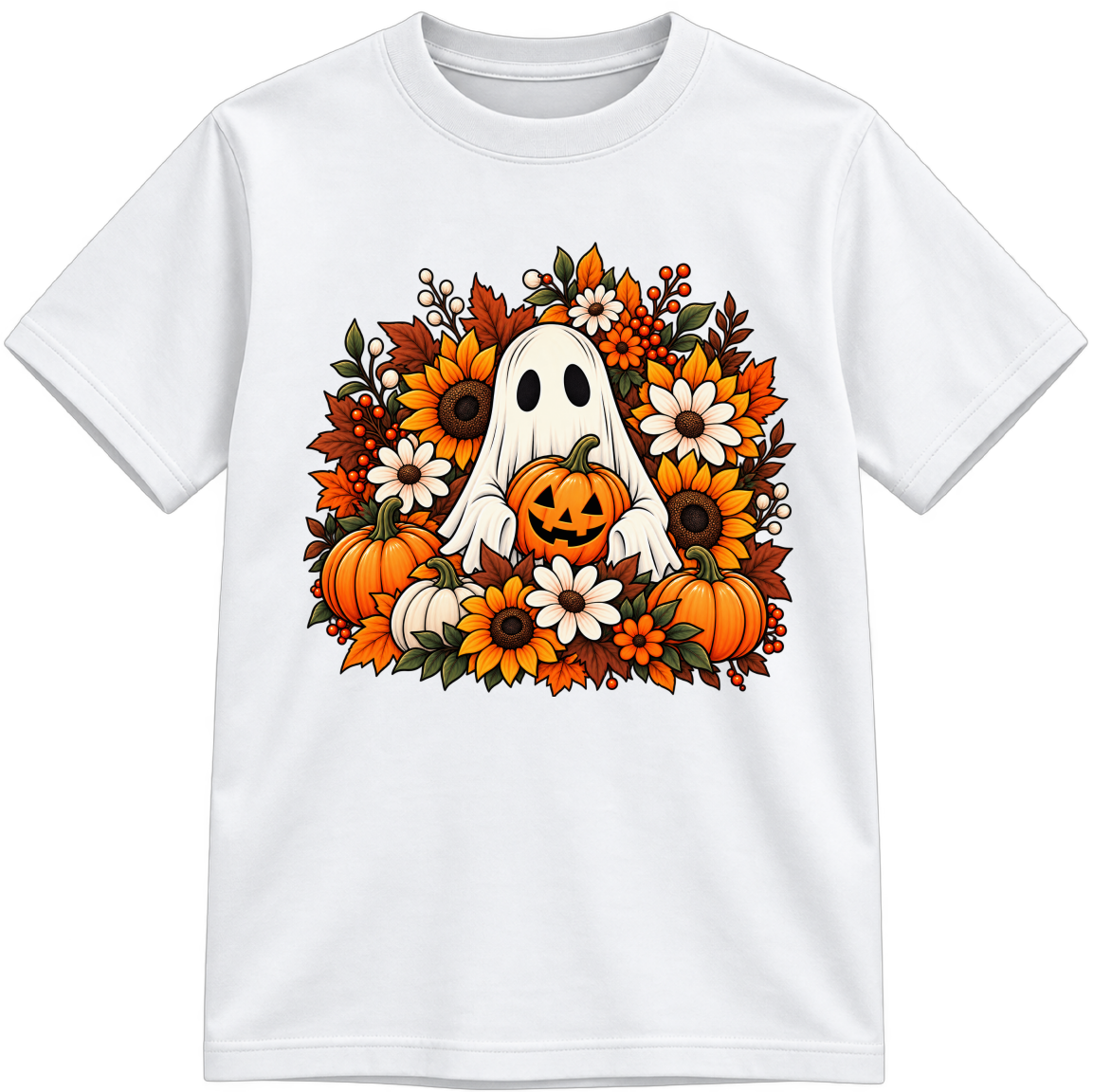 Little Harvest Ghost Fully Colored white T-shirt, finished and shown upright