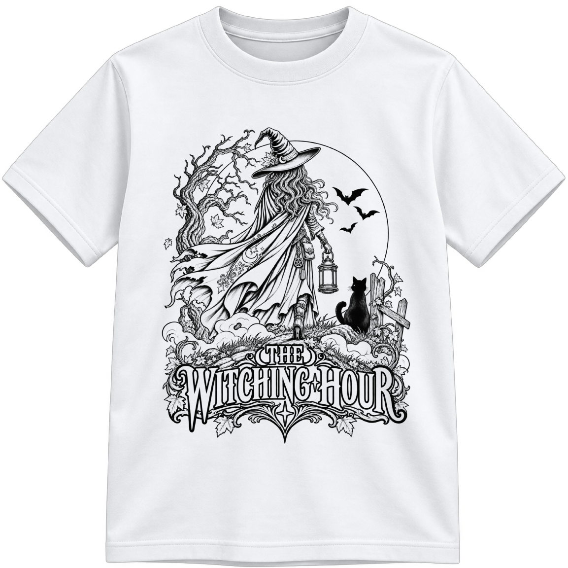 The Witching Hour Classic Color-Your-Own white T-shirt with black linework, shown upright