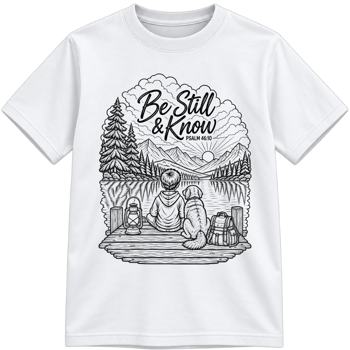 Be Still & Know Classic Color-Your-Own white T-shirt with black linework, shown upright