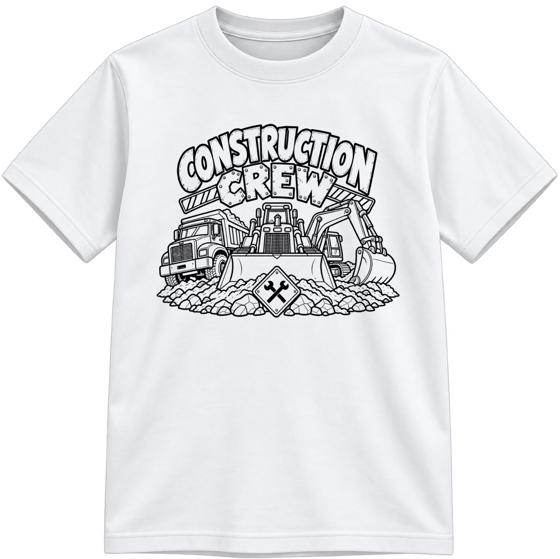 Construction Crew Classic Color-Your-Own white T-shirt with black linework, shown upright