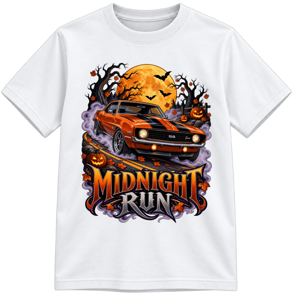 Midnight Run Fully Colored white T-shirt, finished and shown upright