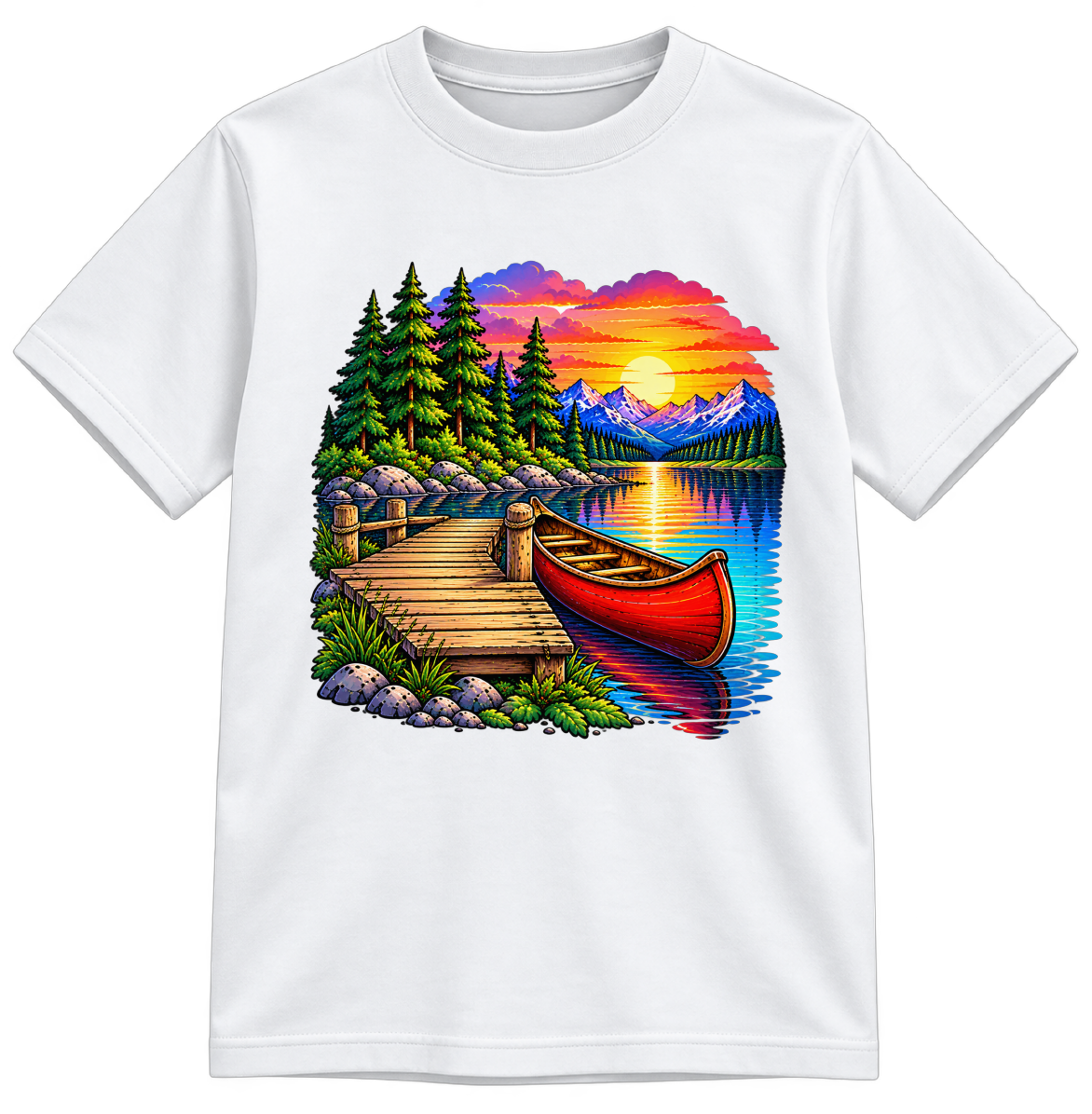 Mountain Lake Escape Fully Colored white T-shirt, finished and shown upright
