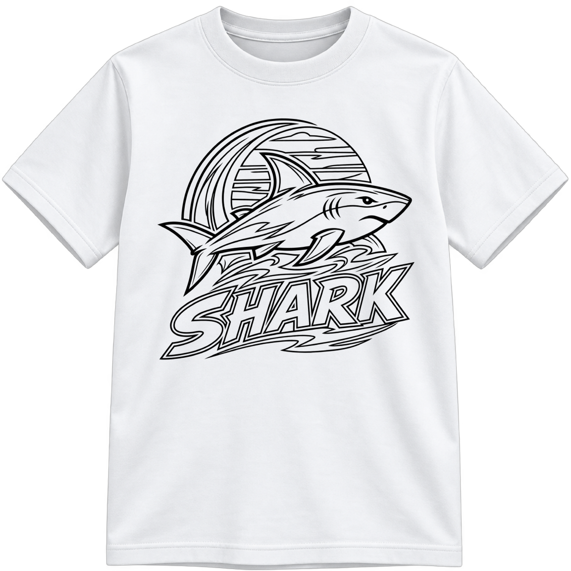 Shark Adventure Classic Color-Your-Own white T-shirt with black linework, shown upright