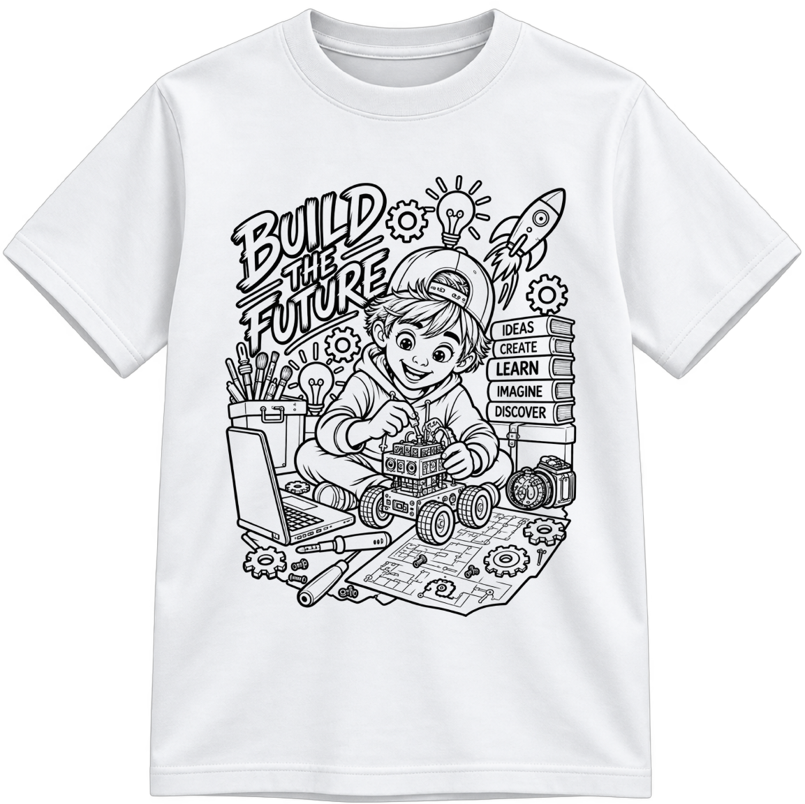 Build the Future Classic Color-Your-Own white T-shirt with black linework, shown upright