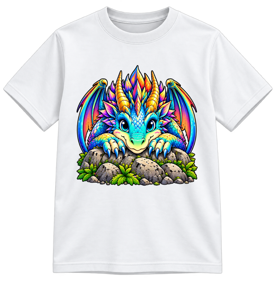 Mountain Dragon Fully Colored white T-shirt, finished and shown upright