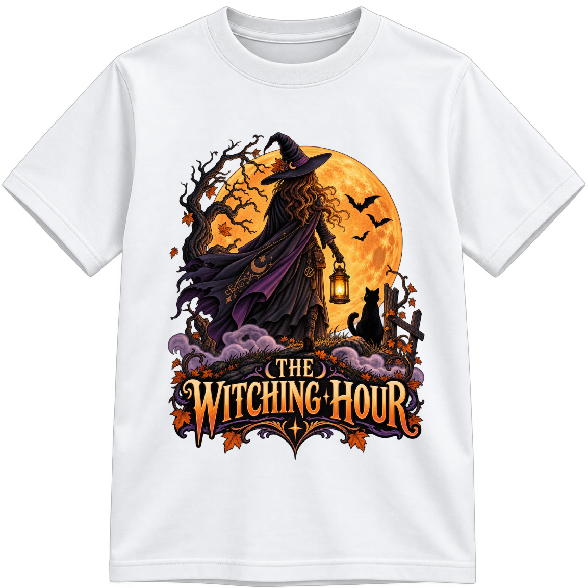 The Witching Hour Fully Colored white T-shirt, finished and shown upright
