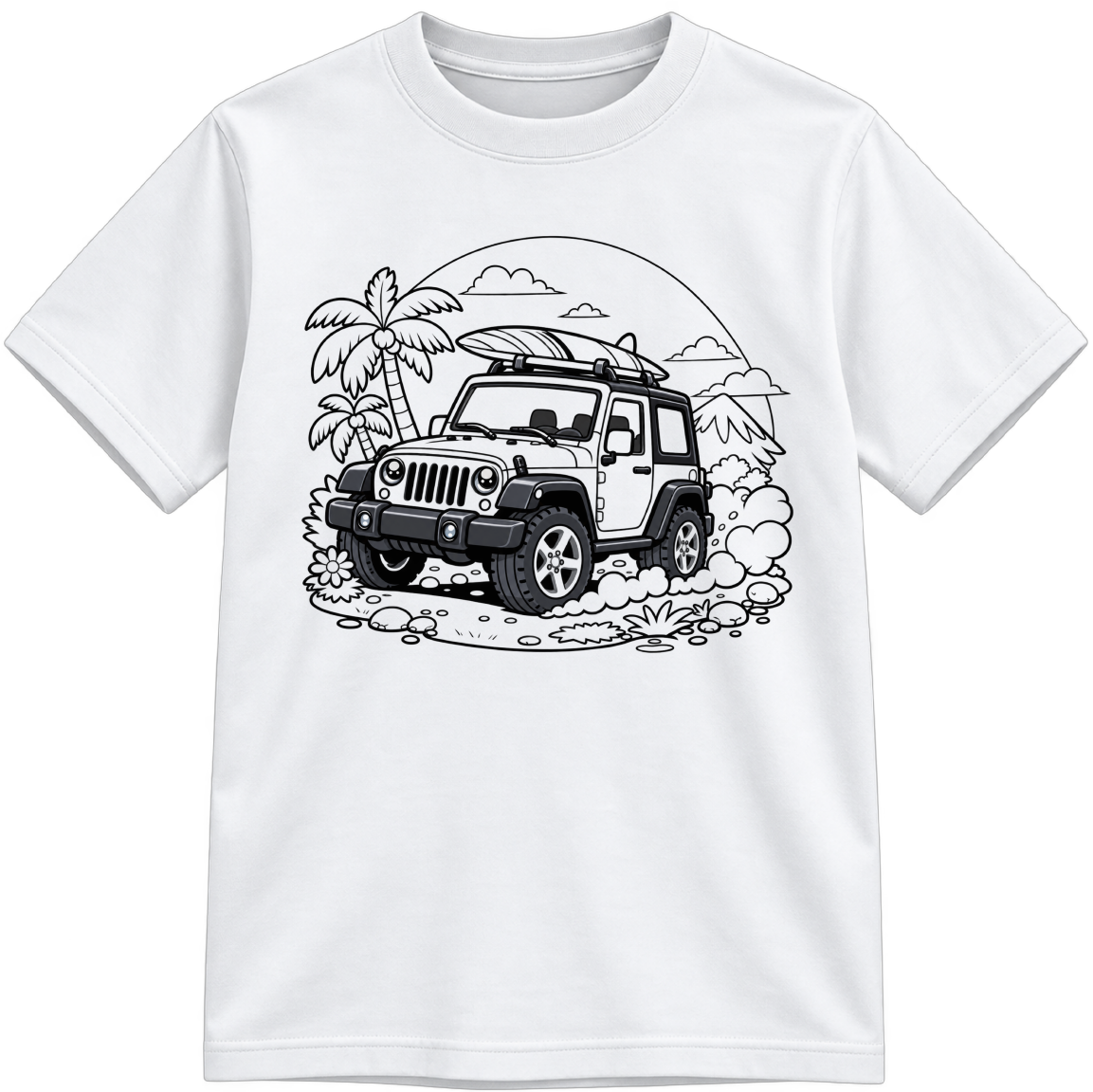 Off-Road Adventure Classic Color-Your-Own white T-shirt with black linework, shown upright