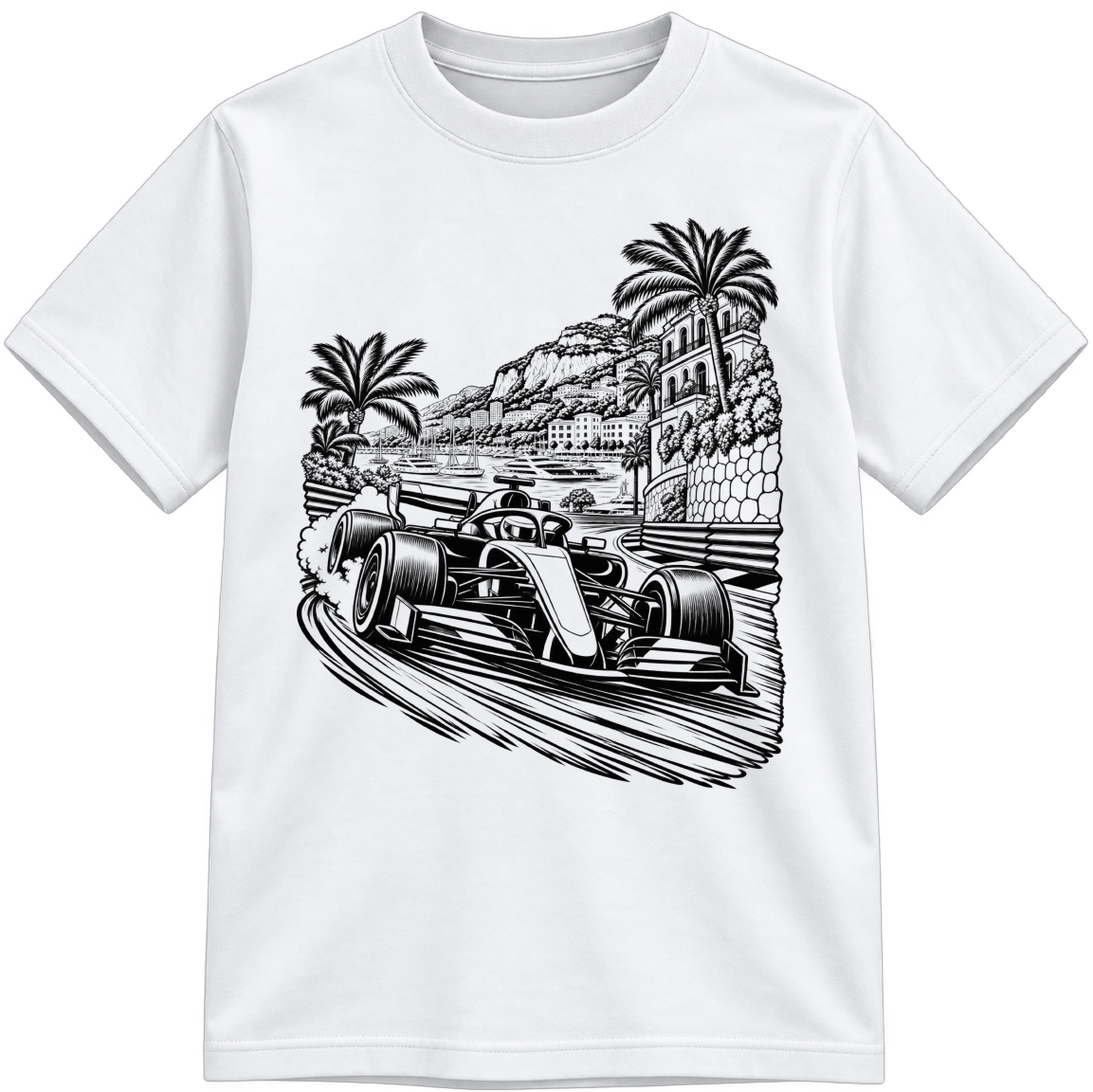 Grand Prix Classic Color-Your-Own white T-shirt with black linework, shown upright