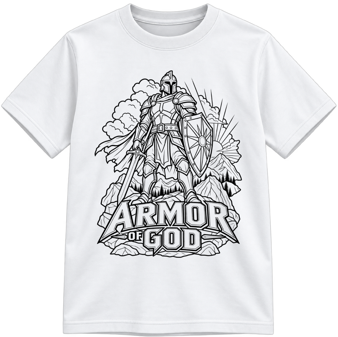 Armor of God Classic Color-Your-Own white T-shirt with black linework, shown upright