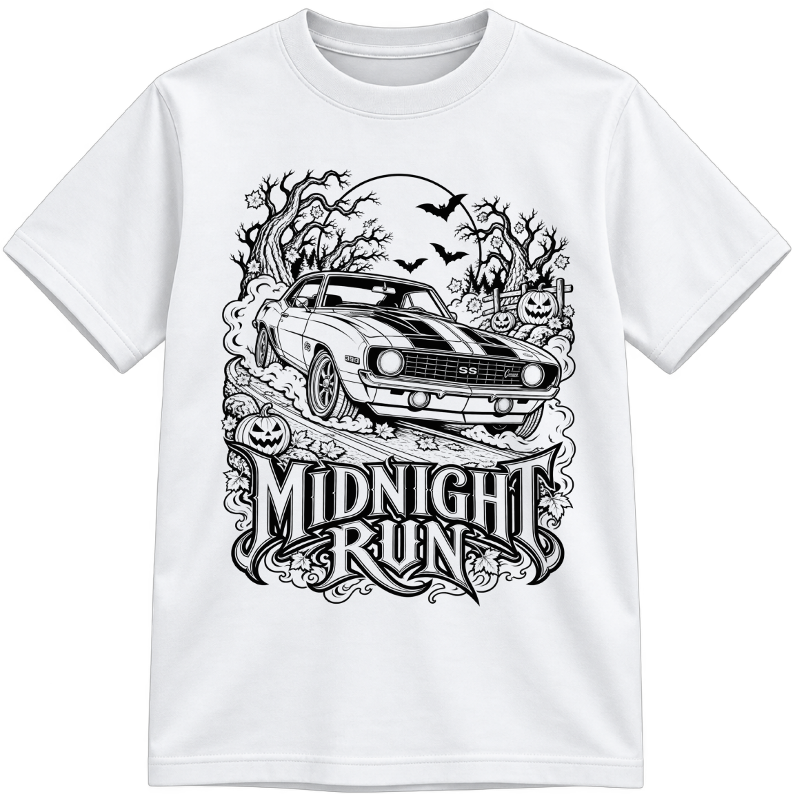 Midnight Run Classic Color-Your-Own white T-shirt with black linework, shown upright