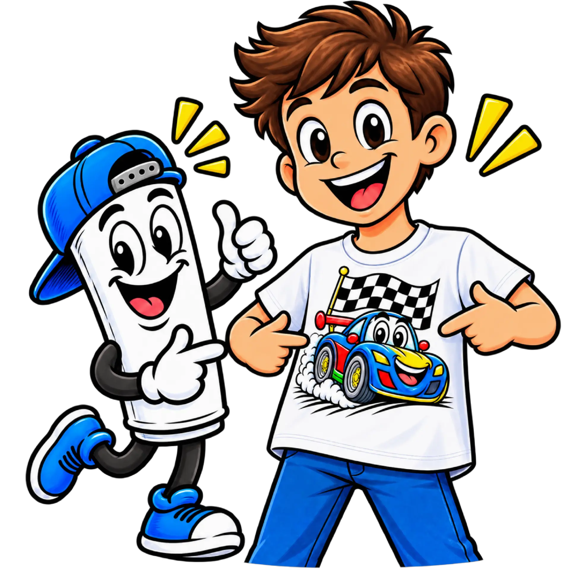 A smiling boy wearing his finished colored race car shirt with the MarkerMade mascot