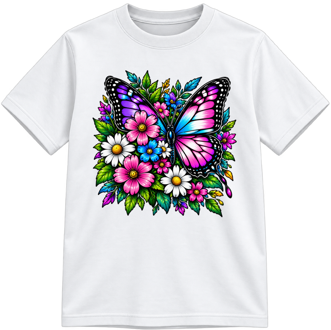Botanical Butterfly Fully Colored white T-shirt, finished and shown upright
