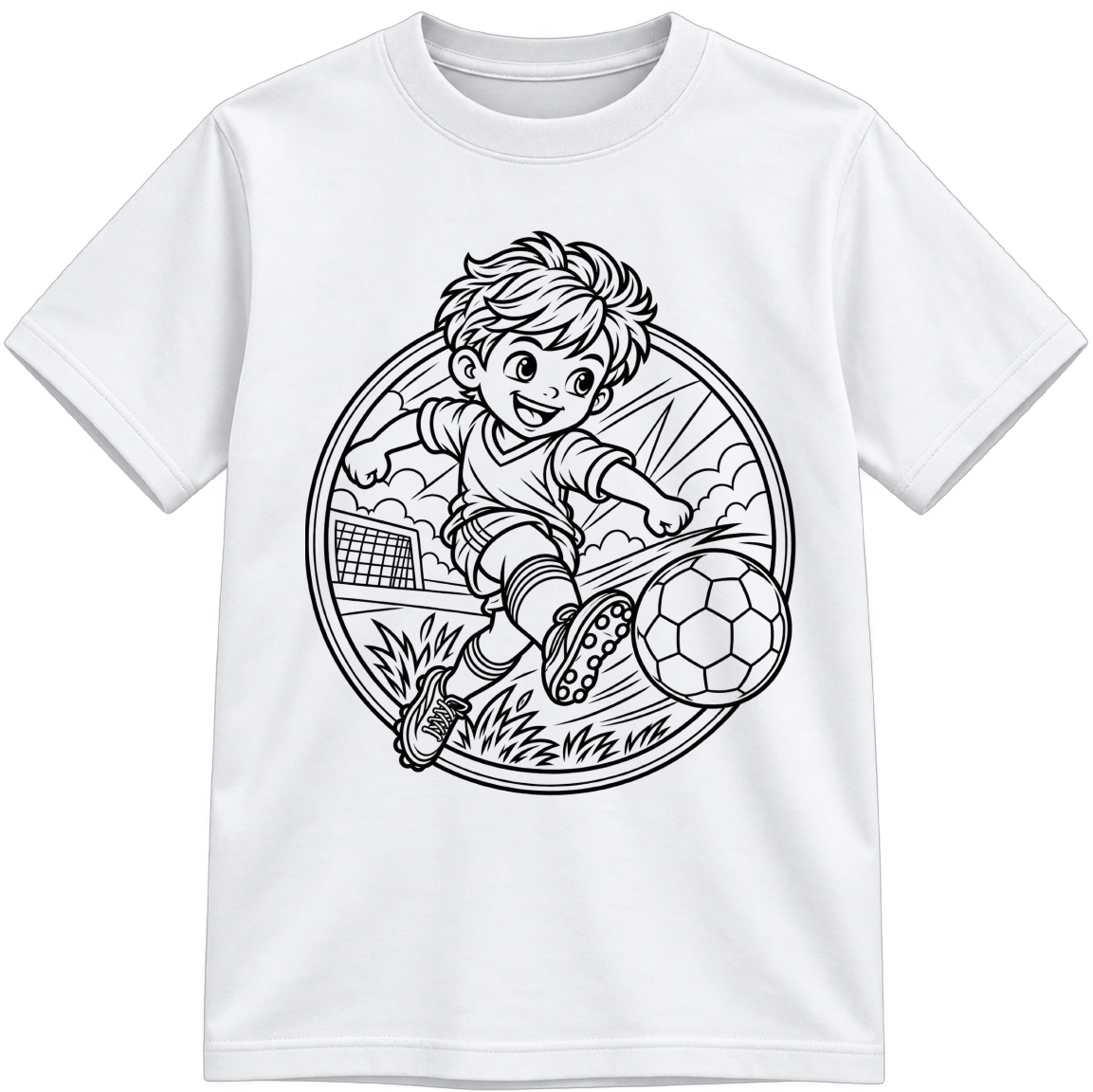 Boys Soccer Classic Color-Your-Own white T-shirt with black linework, shown upright