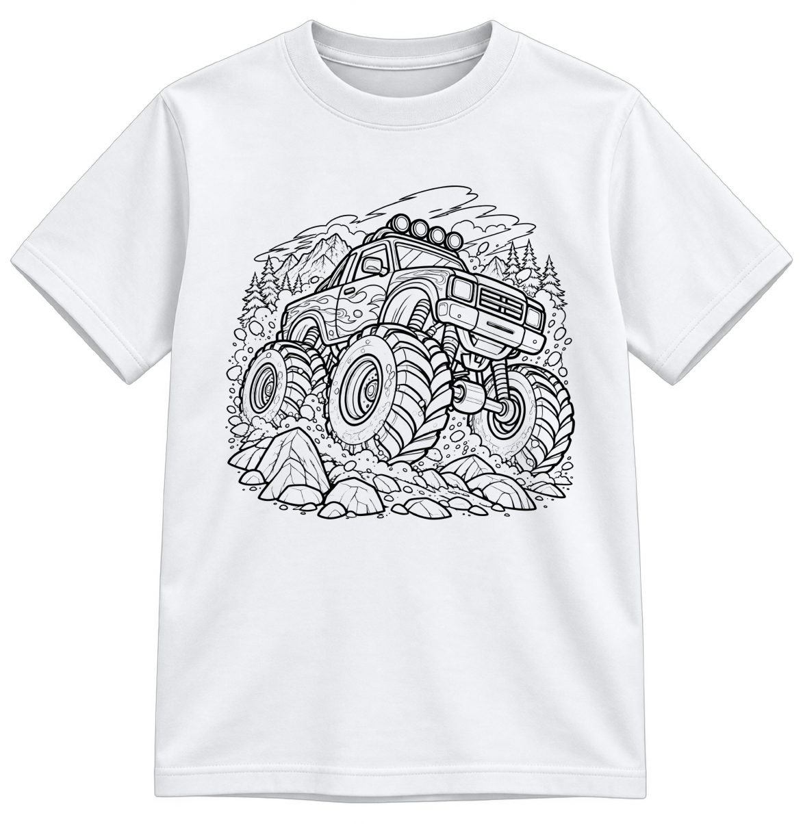 Monster Truck Classic Color-Your-Own white T-shirt with black linework, shown upright