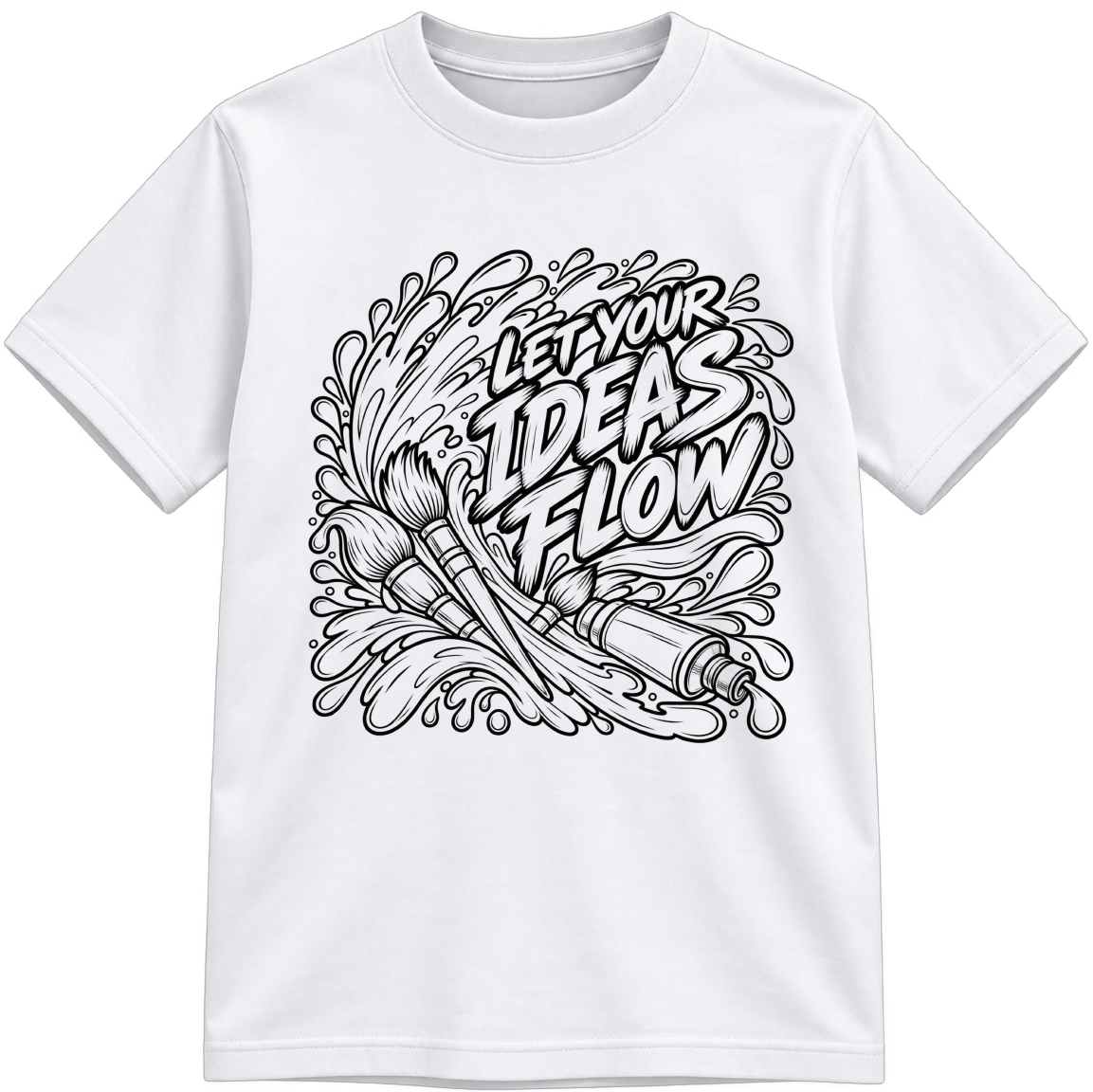 Ideas Flow Classic Color-Your-Own white T-shirt with black linework, shown upright