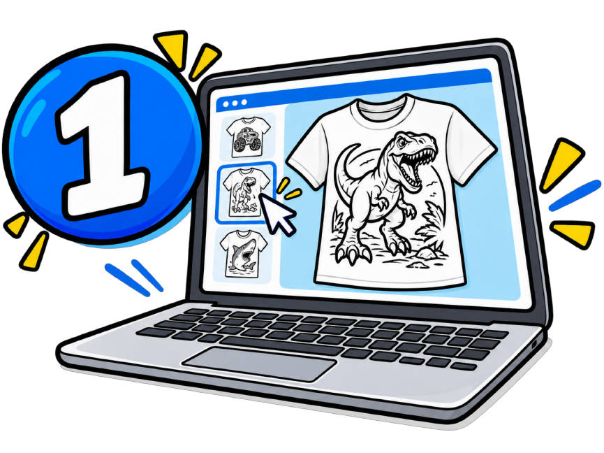 Step 1: picking a dinosaur coloring shirt design on a laptop