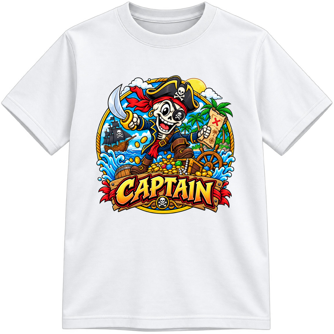 CAPTAIN THE SKELETON PIRATE color-your-own T-shirt — color version